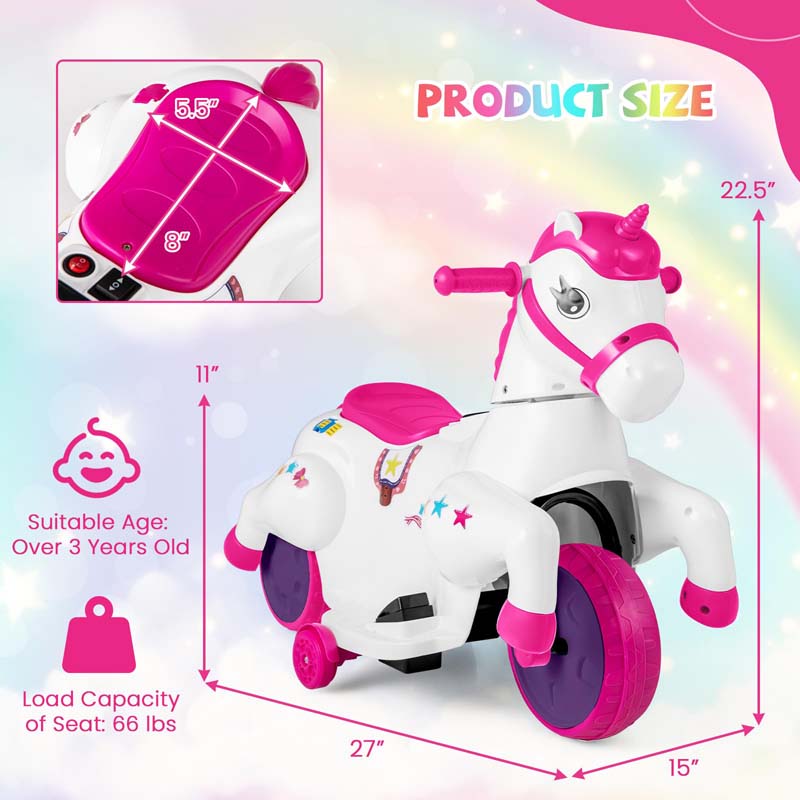 12V Unicorn Ride on Toy with Training Wheels & Horse Riding Mode, 3-Wheeler Battery Powered Motorized Ride on Pony Electric Toy Car for Kids