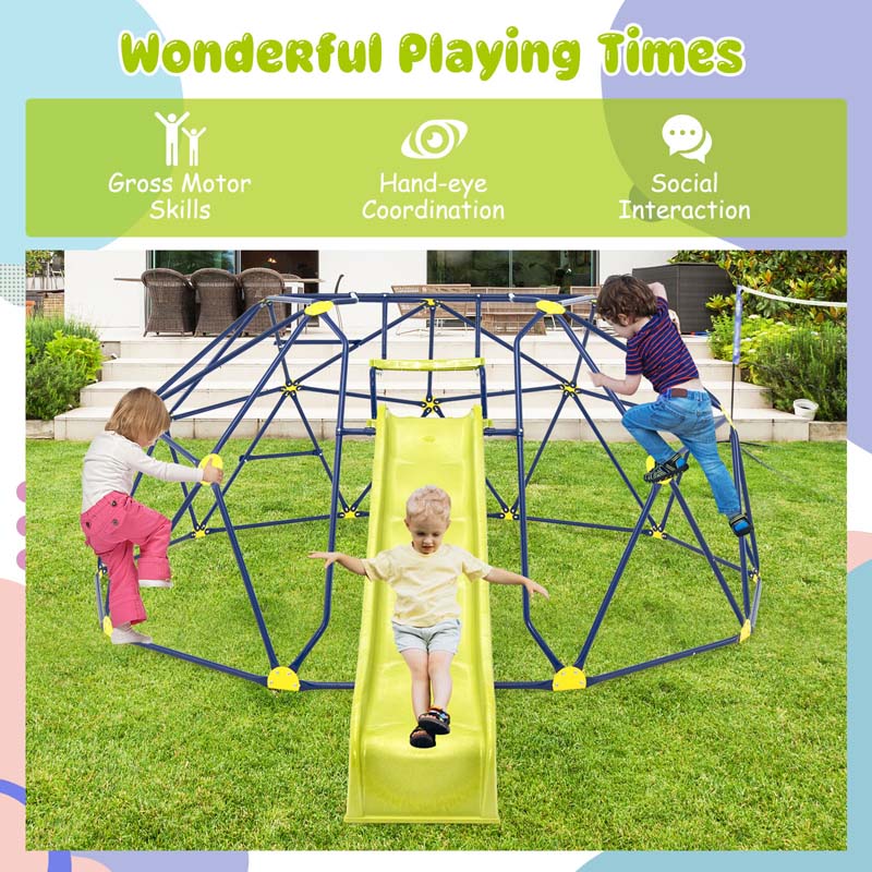 13.3FT Geometric Climbing Dome with Extended Wavy Slide, Outdoor Jungle Gym Monkey Bar Climbing Toys for Toddlers