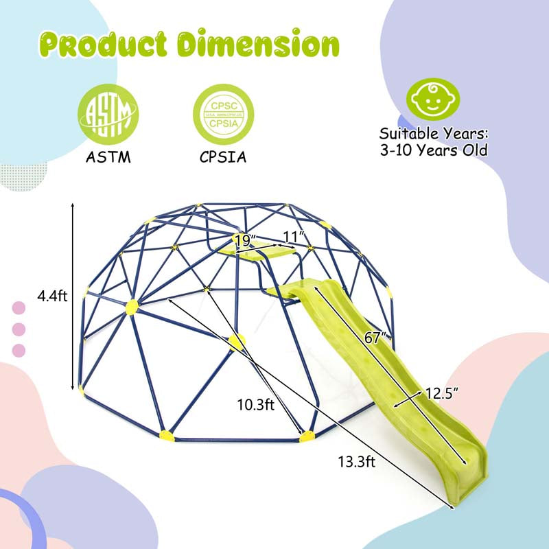 13.3FT Geometric Climbing Dome with Extended Wavy Slide, Outdoor Jungle Gym Monkey Bar Climbing Toys for Toddlers