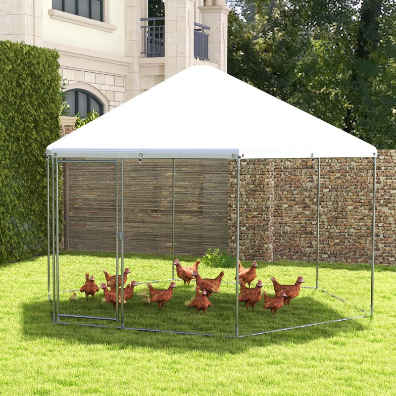 13 FT Large Hexagon Walk-in Chicken Coop, Metal Chicken Run for Farm Yard with Waterproof Cover, Heavy Duty Steel Frame, 12 Stakes