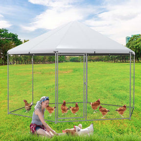 13 FT Large Hexagon Walk-in Chicken Coop, Metal Chicken Run for Farm Yard with Waterproof Cover, Heavy Duty Steel Frame, 12 Stakes