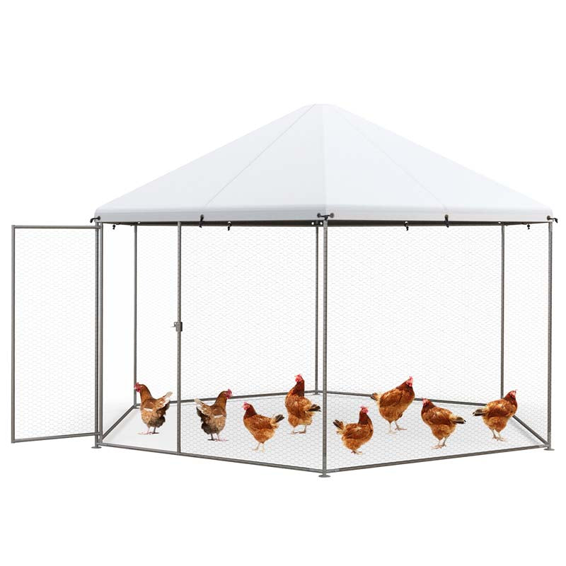 13 FT Large Hexagon Walk-in Chicken Coop, Metal Chicken Run for Farm Yard with Waterproof Cover, Heavy Duty Steel Frame, 12 Stakes