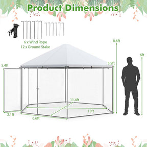 13 FT Large Hexagon Walk-in Chicken Coop, Metal Chicken Run for Farm Yard with Waterproof Cover, Heavy Duty Steel Frame, 12 Stakes