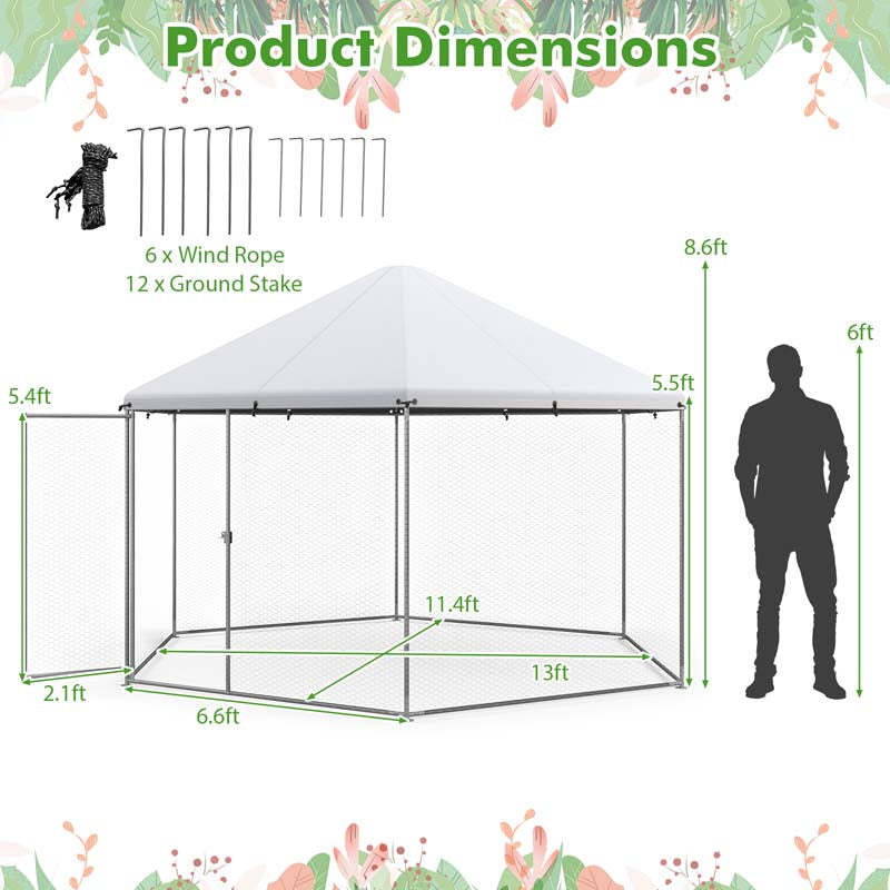 13 FT Large Hexagon Walk-in Chicken Coop, Metal Chicken Run for Farm Yard with Waterproof Cover, Heavy Duty Steel Frame, 12 Stakes