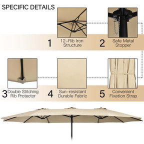 15 FT Ultra-large Double Sided Steel Outdoor Market Patio Umbrella with Base, UV Sun Protection & Easy Crank