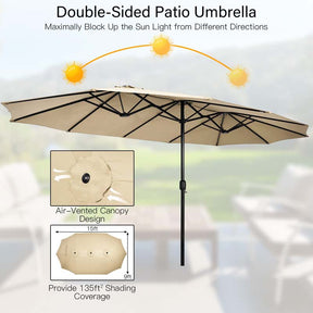 15 FT Ultra-large Double Sided Steel Outdoor Market Patio Umbrella with Base, UV Sun Protection & Easy Crank