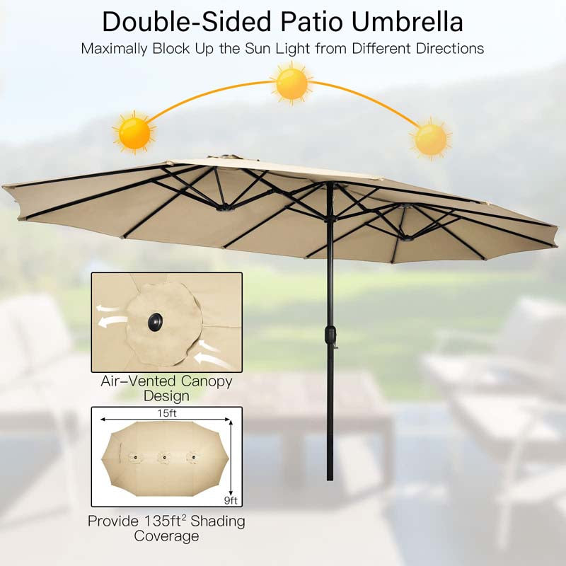 15 FT Ultra-large Double Sided Steel Outdoor Market Patio Umbrella with Base, UV Sun Protection & Easy Crank