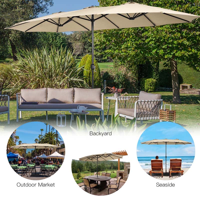 15 FT Ultra-large Double Sided Steel Outdoor Market Patio Umbrella with Base, UV Sun Protection & Easy Crank