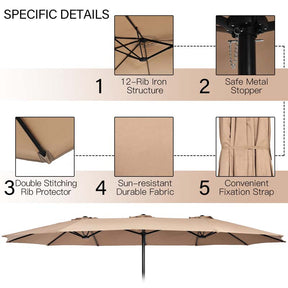 15 FT Ultra-large Double Sided Steel Outdoor Market Patio Umbrella with Base, UV Sun Protection & Easy Crank