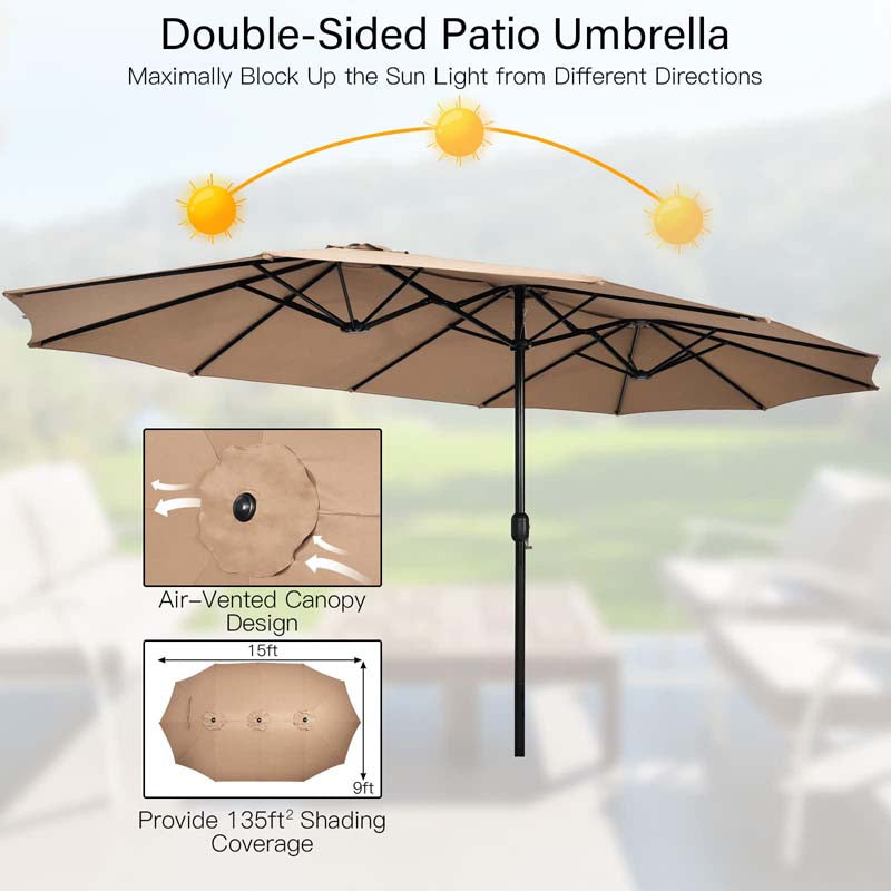 15 FT Ultra-large Double Sided Steel Outdoor Market Patio Umbrella with Base, UV Sun Protection & Easy Crank