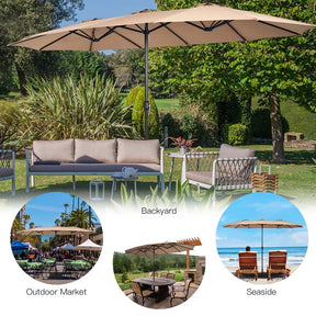 15 FT Ultra-large Double Sided Steel Outdoor Market Patio Umbrella with Base, UV Sun Protection & Easy Crank