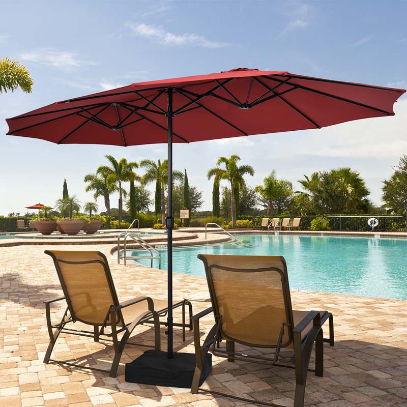 15 FT Ultra-large Double Sided Steel Outdoor Market Patio Umbrella with Base, UV Sun Protection & Easy Crank