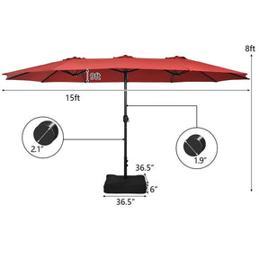 15 FT Ultra-large Double Sided Steel Outdoor Market Patio Umbrella with Base, UV Sun Protection & Easy Crank