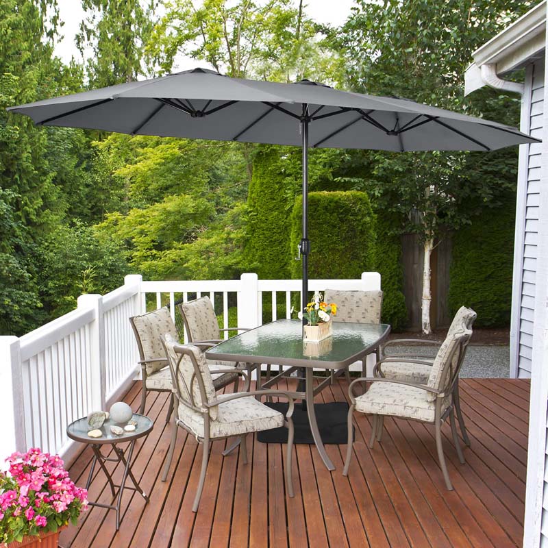 15 FT Ultra-large Double Sided Steel Outdoor Market Patio Umbrella with Base, UV Sun Protection & Easy Crank