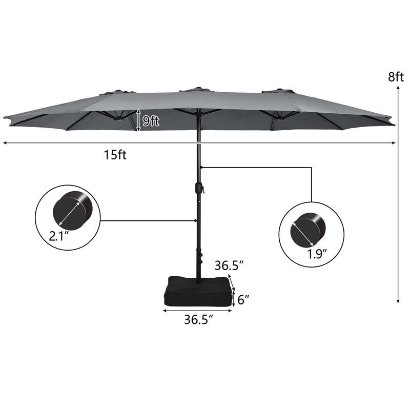 15 FT Ultra-large Double Sided Steel Outdoor Market Patio Umbrella with Base, UV Sun Protection & Easy Crank