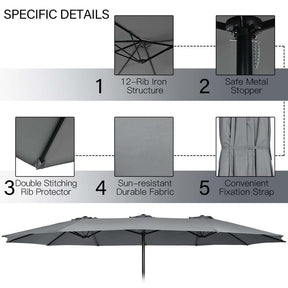 15 FT Ultra-large Double Sided Steel Outdoor Market Patio Umbrella with Base, UV Sun Protection & Easy Crank