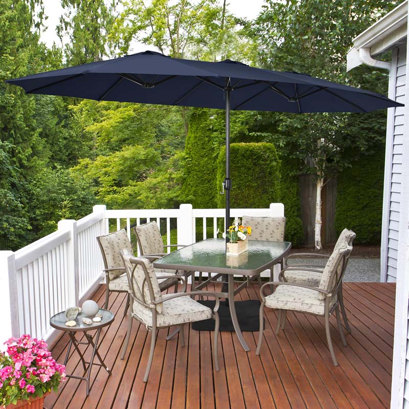 15 FT Ultra-large Double Sided Steel Outdoor Market Patio Umbrella with Base, UV Sun Protection & Easy Crank