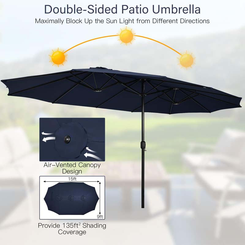 15 FT Ultra-large Double Sided Steel Outdoor Market Patio Umbrella with Base, UV Sun Protection & Easy Crank