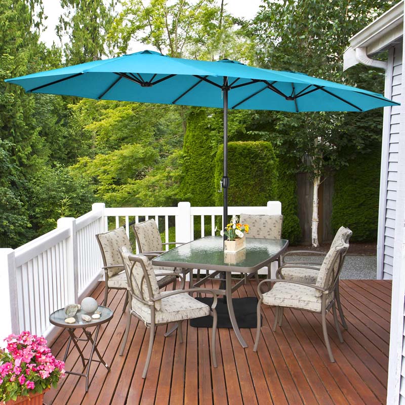 15 FT Ultra-large Double Sided Steel Outdoor Market Patio Umbrella with Base, UV Sun Protection & Easy Crank