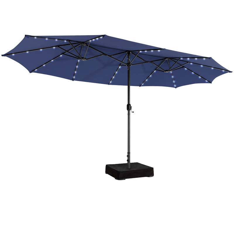 15 FT Double-Sided Patio Umbrella with 48 Solar Lights, Extra-Large Outdoor Twin Market Umbrella with Base