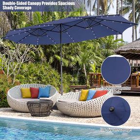 15 FT Double-Sided Patio Umbrella with 48 Solar Lights, Extra-Large Outdoor Twin Market Umbrella with Base