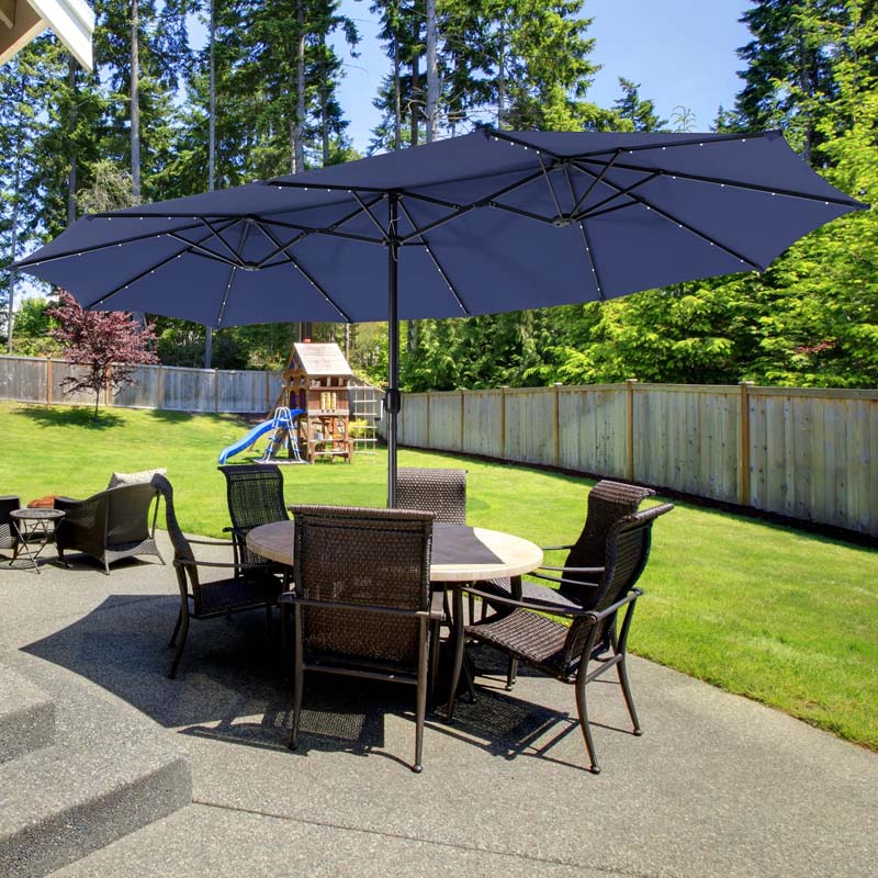 15 FT Double-Sided Patio Umbrella with 48 Solar Lights, Extra-Large Outdoor Twin Market Umbrella with Base