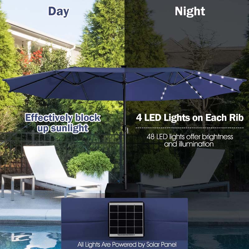 15 FT Double-Sided Patio Umbrella with 48 Solar Lights, Extra-Large Outdoor Twin Market Umbrella with Base