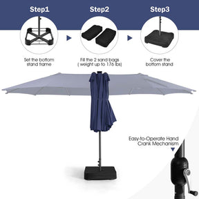 15 FT Double-Sided Patio Umbrella with 48 Solar Lights, Extra-Large Outdoor Twin Market Umbrella with Base