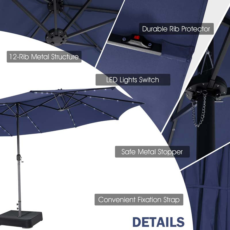 15 FT Double-Sided Patio Umbrella with 48 Solar Lights, Extra-Large Outdoor Twin Market Umbrella with Base