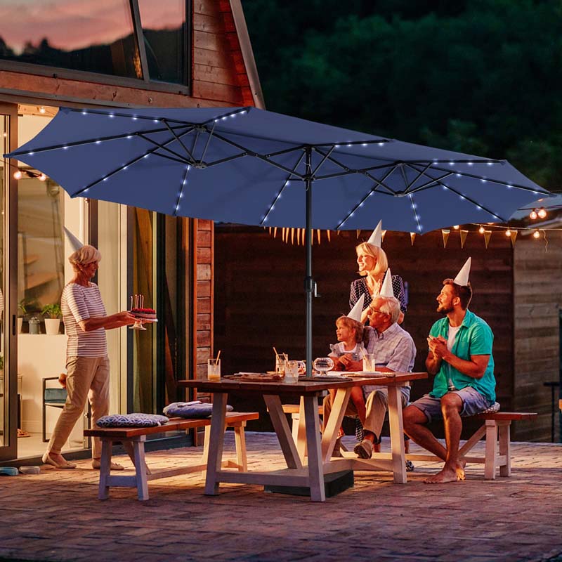 15 FT Double-Sided Patio Umbrella with 48 Solar Lights, Extra-Large Outdoor Twin Market Umbrella with Base