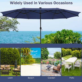 15 FT Double-Sided Patio Umbrella with 48 Solar Lights, Extra-Large Outdoor Twin Market Umbrella with Base