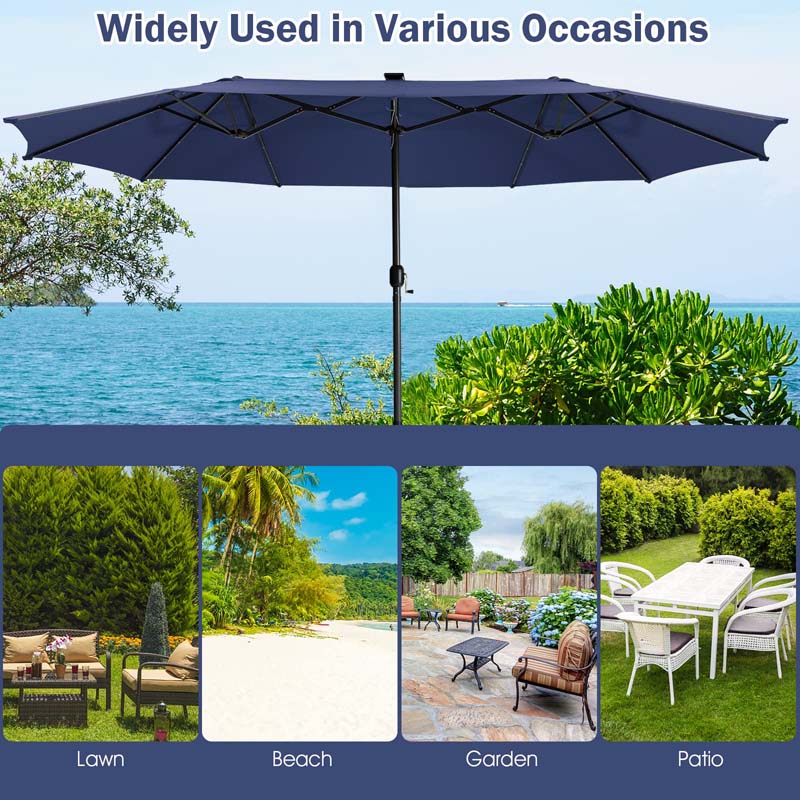 15 FT Double-Sided Patio Umbrella with 48 Solar Lights, Extra-Large Outdoor Twin Market Umbrella with Base