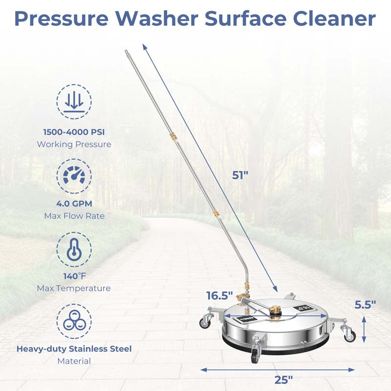 16.5" 2-in-1 Pressure Washer Surface Cleaner w/Casters, 4000 PSI Stainless Steel Undercarriage Pressure Washer Attachment