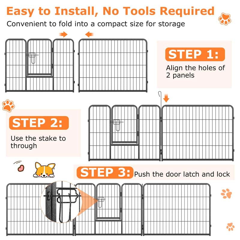 16 Panel 24/32/40" H Dog Playpen with Lock, Heavy Duty Metal Dog Pen with Large Door, Portable Pet Fences for Dogs Outside Garden