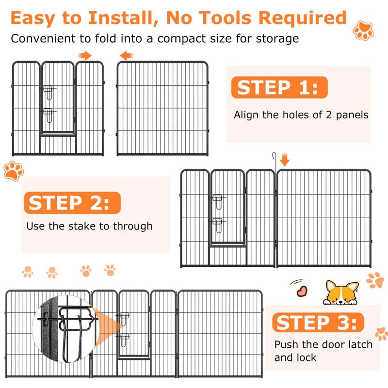 16 Panel 24/32/40" H Dog Playpen with Lock, Heavy Duty Metal Dog Pen with Large Door, Portable Pet Fences for Dogs Outside Garden