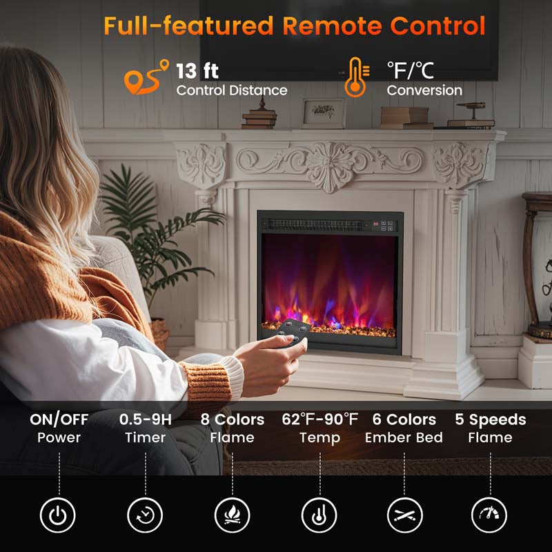 18/23/26 Inch Electric Fireplace Insert, 1500W Recessed Fireplace Heater with Remote Control, 0.5-9H Timer, Adjustable Flame & Ember Bed Color