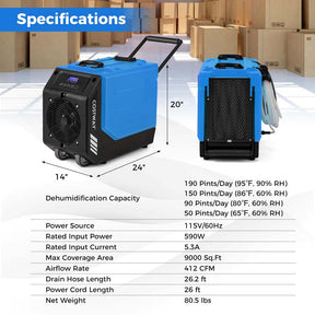 190 PPD Commercial Dehumidifier with Pump & 26 FT Drain Hose, Rotational Molded Industrial Dehumidifier for Basement, Water Damage Restoration