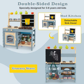 2-In-1 Outdoor Mud Kitchen Fir Wood Double-Sided Kids Kitchen Playset w/Water Tank & Sink, Blackboard, Storage Bag & Basket