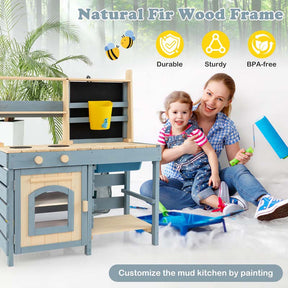 2-In-1 Outdoor Mud Kitchen Fir Wood Double-Sided Kids Kitchen Playset w/Water Tank & Sink, Blackboard, Storage Bag & Basket