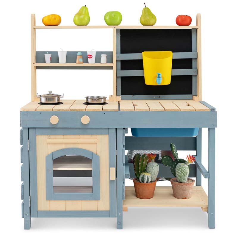 2-In-1 Outdoor Mud Kitchen Fir Wood Double-Sided Kids Kitchen Playset w/Water Tank & Sink, Blackboard, Storage Bag & Basket