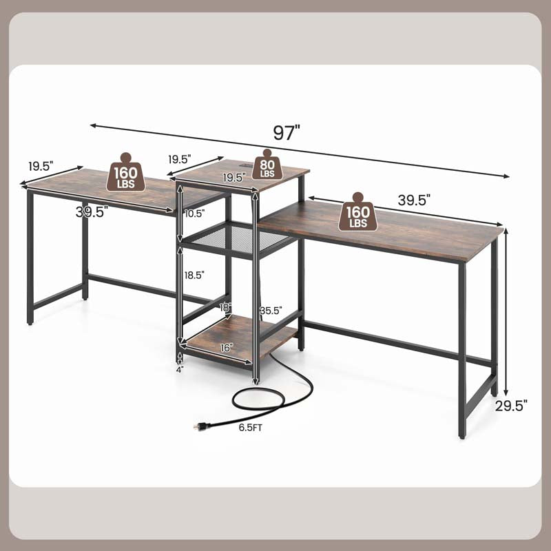 97" Extra Long 2-Person Computer Desk with Power Outlet and Printer Stand, Home Office Computer Workstation Double Gaming Table