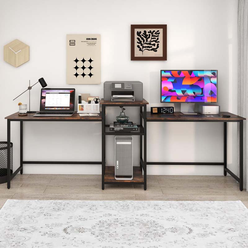 97" Extra Long 2-Person Computer Desk with Power Outlet and Printer Stand, Home Office Computer Workstation Double Gaming Table