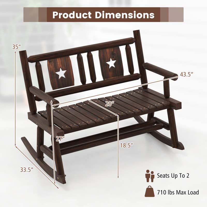 Rustic Carbonized Wood Double Rocker Chair Loveseat with Ergonomic Seat, 2-Person Patio Rocking Bench for Backyard Porch Garden