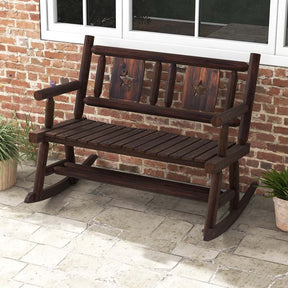 Rustic Carbonized Wood Double Rocker Chair Loveseat with Ergonomic Seat, 2-Person Patio Rocking Bench for Backyard Porch Garden