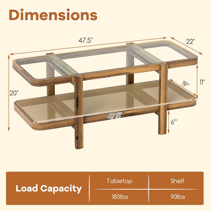 47.5" L Rattan Coffee Table, Boho Cocktail Tables, 2-Tier Center Table with Tempered Glass Tabletop, PE Rattan Shelf, Modern Tea Table for Living Room