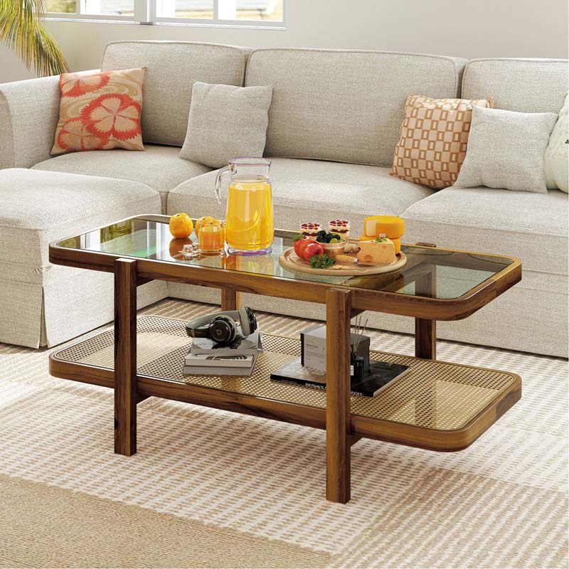 47.5" L Rattan Coffee Table, Boho Cocktail Tables, 2-Tier Center Table with Tempered Glass Tabletop, PE Rattan Shelf, Modern Tea Table for Living Room