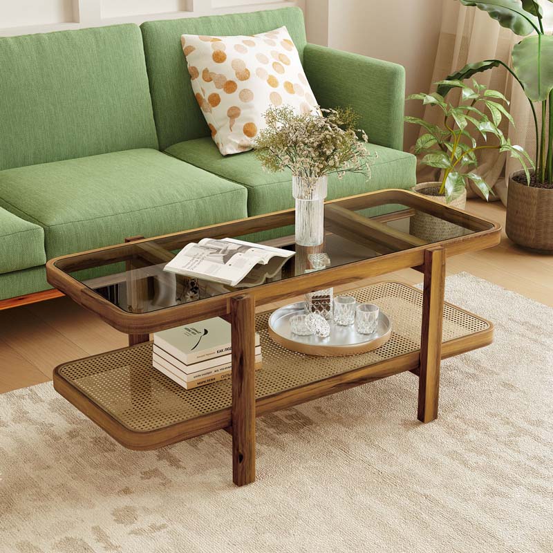 47.5" L Rattan Coffee Table, Boho Cocktail Tables, 2-Tier Center Table with Tempered Glass Tabletop, PE Rattan Shelf, Modern Tea Table for Living Room