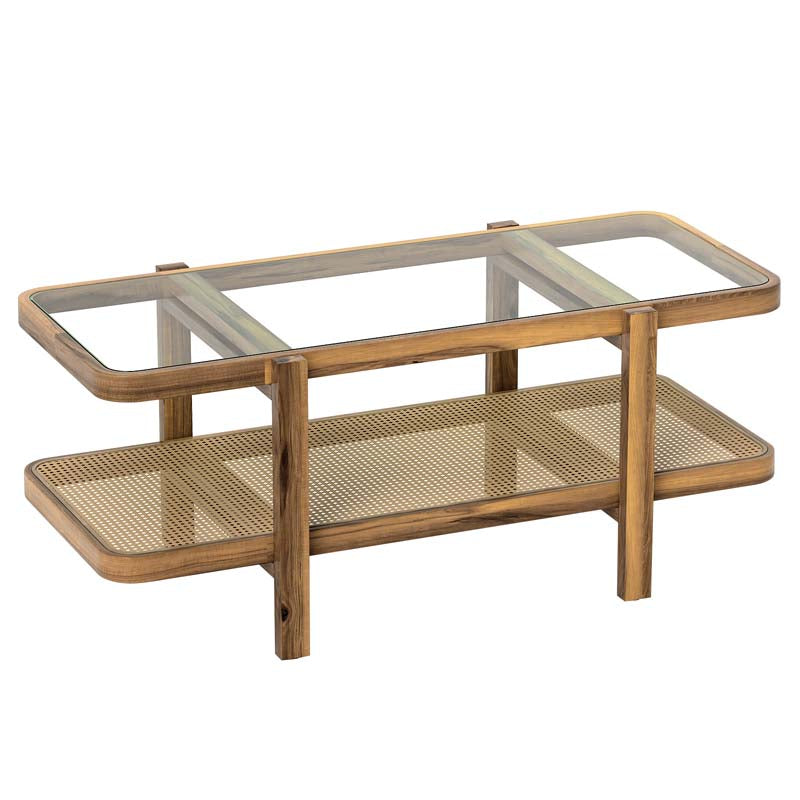 47.5" L Rattan Coffee Table, Boho Cocktail Tables, 2-Tier Center Table with Tempered Glass Tabletop, PE Rattan Shelf, Modern Tea Table for Living Room