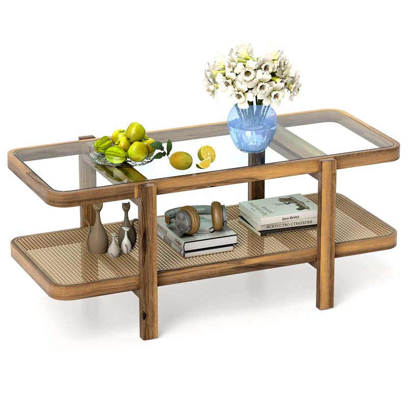 47.5" L Rattan Coffee Table, Boho Cocktail Tables, 2-Tier Center Table with Tempered Glass Tabletop, PE Rattan Shelf, Modern Tea Table for Living Room