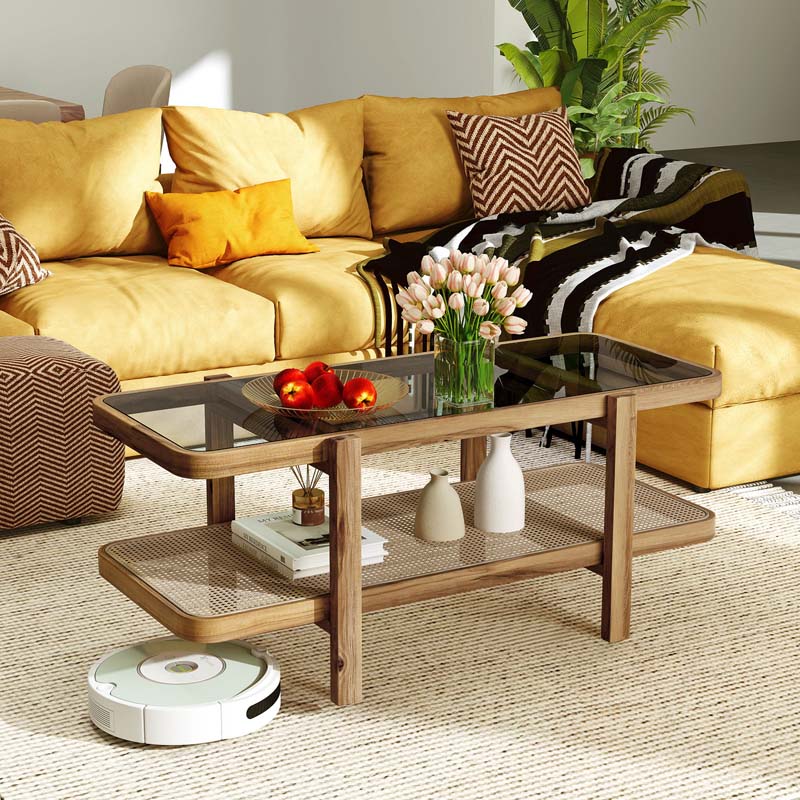 47.5" L Rattan Coffee Table, Boho Cocktail Tables, 2-Tier Center Table with Tempered Glass Tabletop, PE Rattan Shelf, Modern Tea Table for Living Room